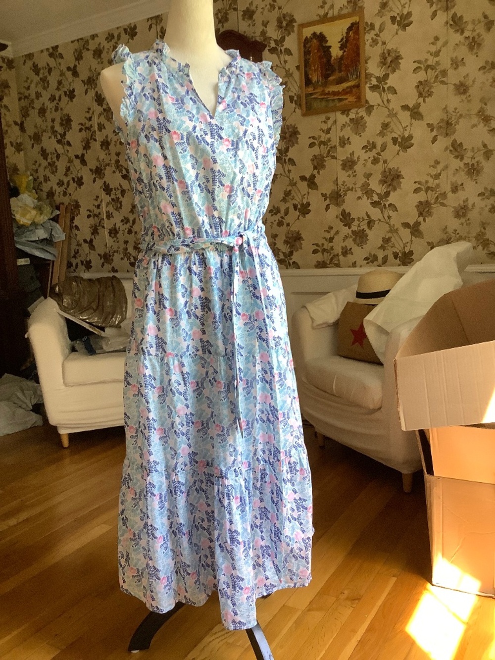 Talbots Cotton Sleeveless Belted Midi Dress Size 8
